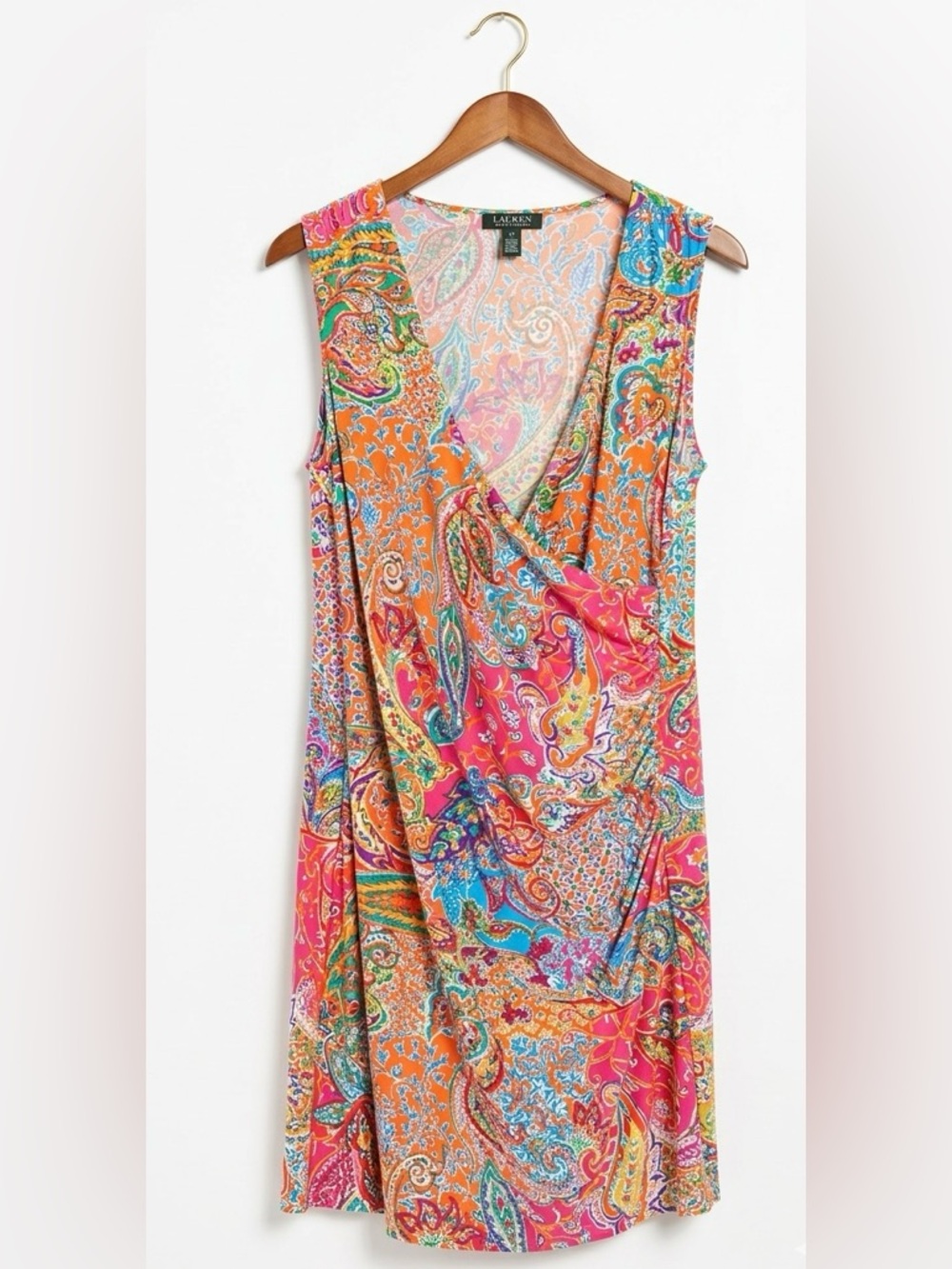 Lauren Ralph Lauren Plus 1X Bright Paisley Faux Wrap Jersey Dress Resort